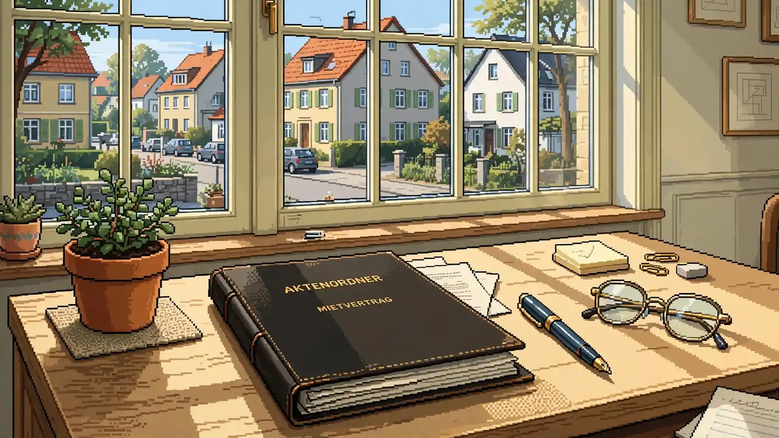 Schreibtisch mit Vertragsmappe, Füller bei Tageslicht