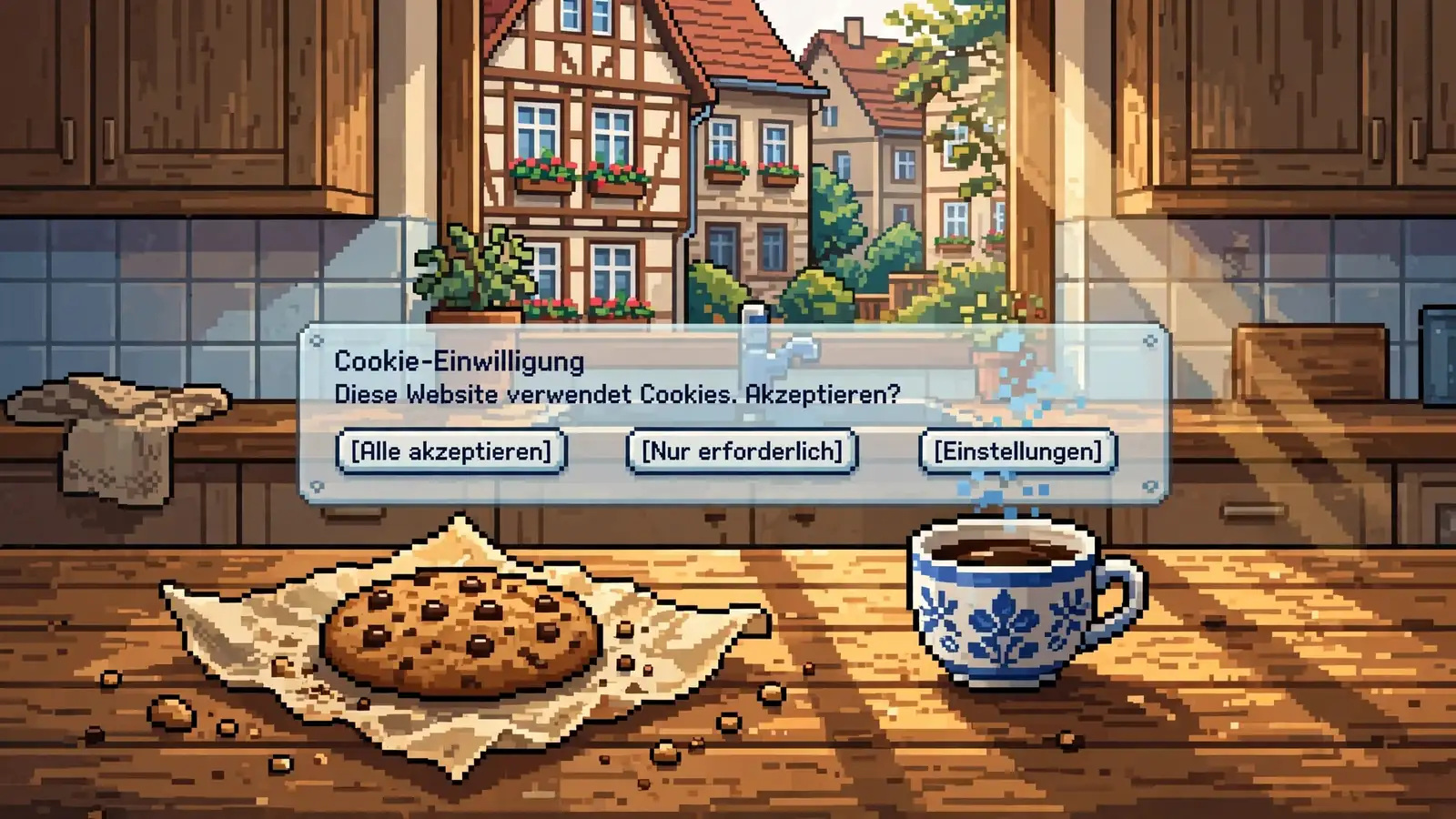 Frischer Schokoladenkeks auf einem Holztisch mit Kaffeetasse und Hinweis auf Cookie-Zustimmung.