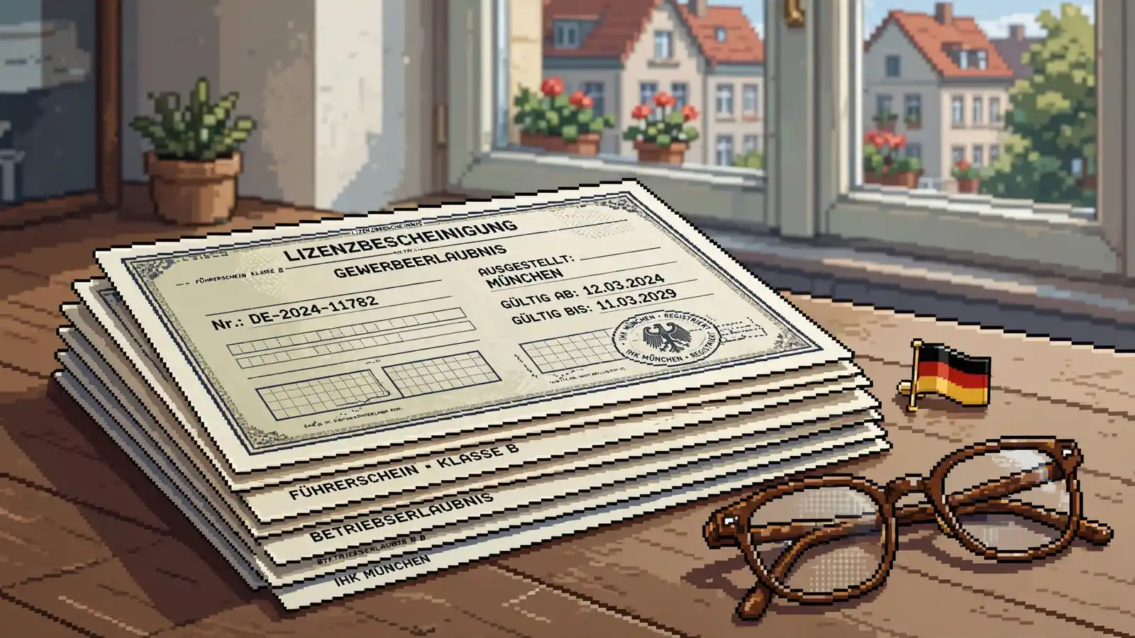 Stapel offizieller Lizenzdokumente und eine kleine Deutschlandfahne auf einem Schreibtisch