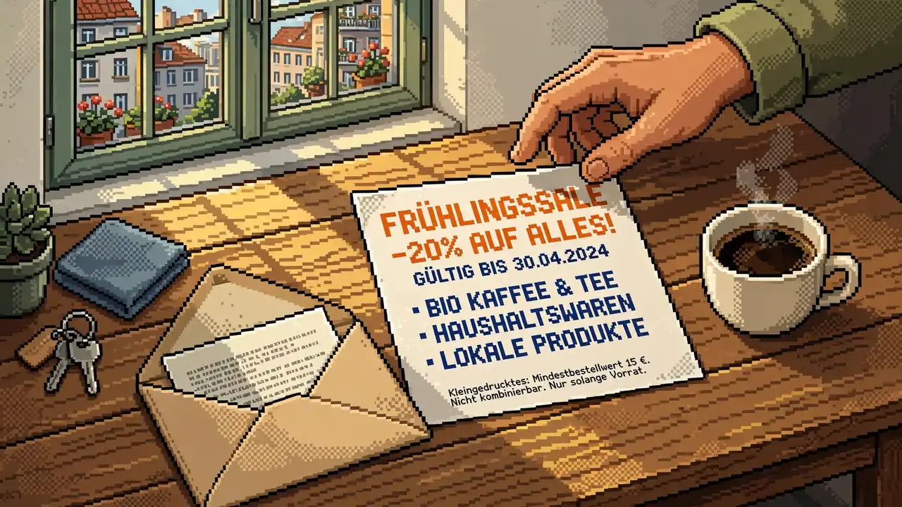 Offener Umschlag mit Werbeflyer und Kaffeetasse auf einem Küchentisch