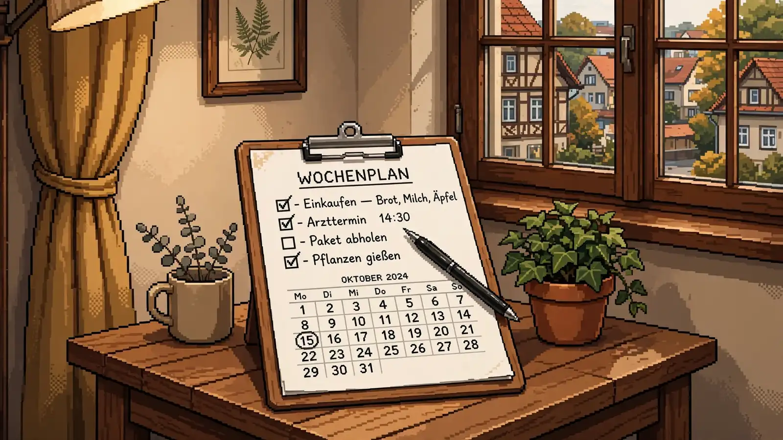Klemmbrett mit handschriftlicher Checkliste und Kalender auf einem Holztisch