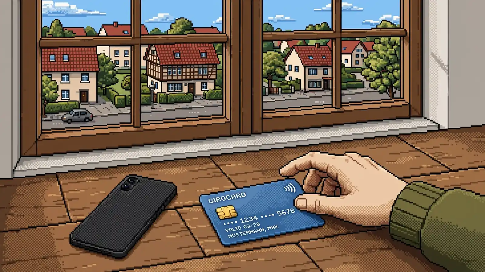 Bankkarte neben einem Smartphone auf einem Schreibtisch in einem deutschen Wohnzimmer