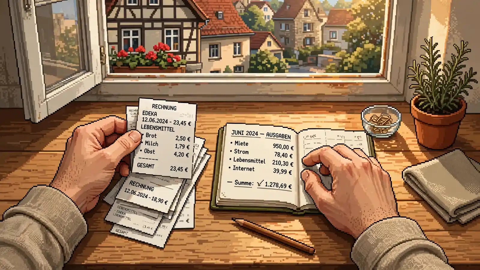 Hände sortieren Belege und ein kleines Kassenbuch auf einer Küchentheke