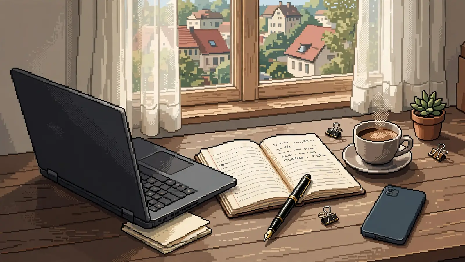Aufgeräumter Heimbüro-Schreibtisch mit Notebook, Kugelschreiber und Kaffeetasse bei Tageslicht