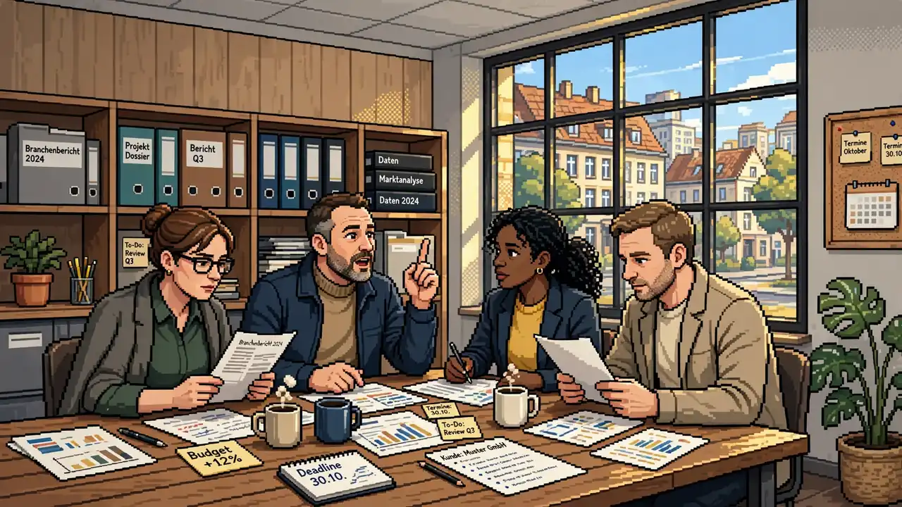 Kleines Expertenteam bespricht Marktanalysen in einem hellen deutschen Büro bei Tageslicht