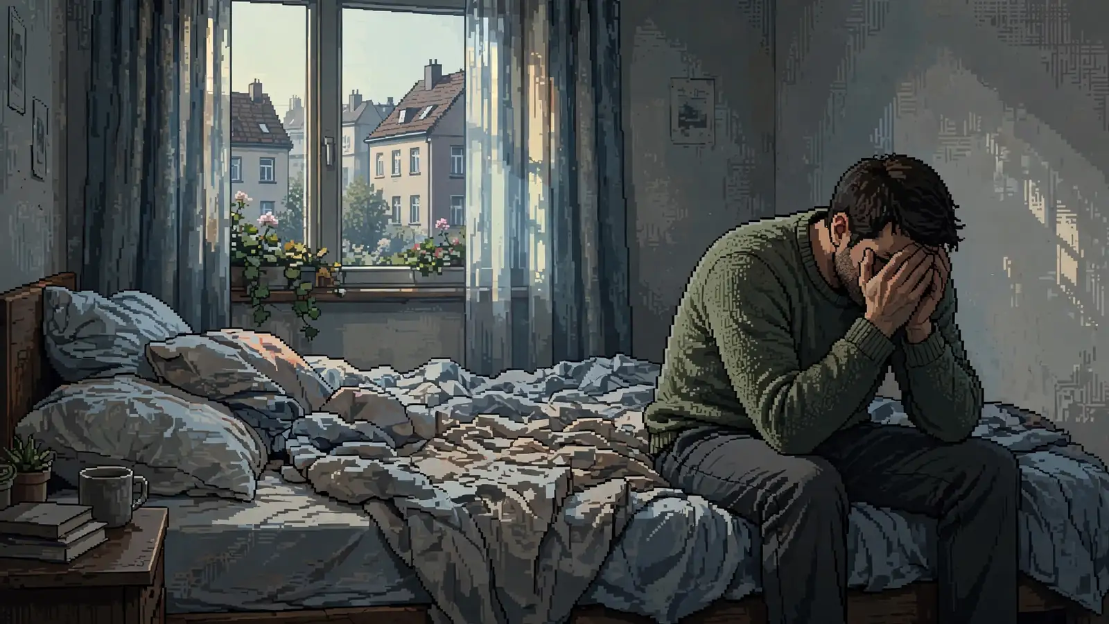 Nachdenklicher Mann sitzt allein auf dem Bett, Telefon liegt verdeckt daneben.